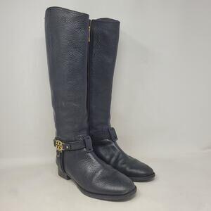 Tory Burch Boots 7M Black Pebbled Leather Gold Logo Equestrian Riding Tall